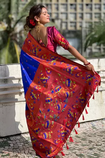 Blue silk blend Saree With Paithani Weaved Pallu And Blouse
