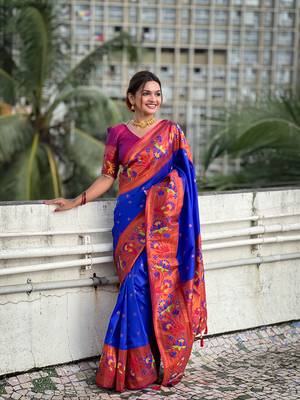 Blue silk blend Saree With Paithani Weaved Pallu And Blouse 3