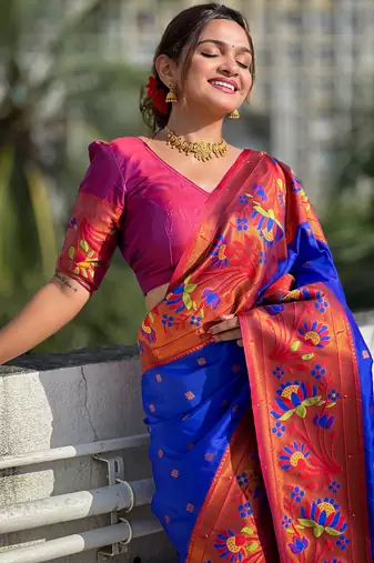 Blue silk blend Saree With Paithani Weaved Pallu And Blouse