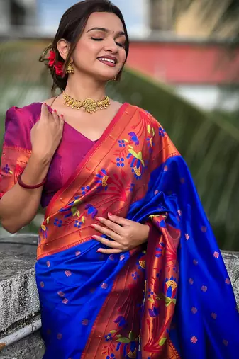 Blue silk blend Saree With Paithani Weaved Pallu And Blouse