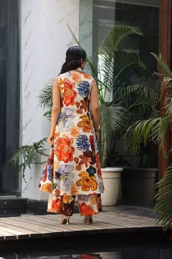 Orange cotton printed kurta-sets