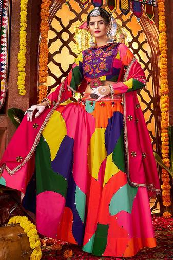 Multi-Color Muslin Mirror Work Navratri Wear Lehenga Choli