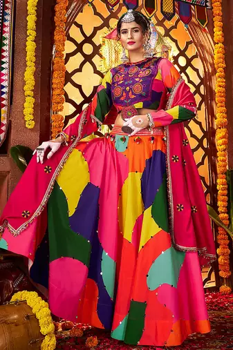 Multi-Color Muslin Mirror Work Navratri Wear Lehenga Choli