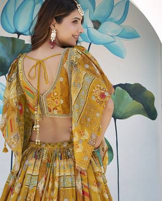 Yellow Digital Printed with Dori and Zari embroidered Chinnon Silk haldi lehenga 3