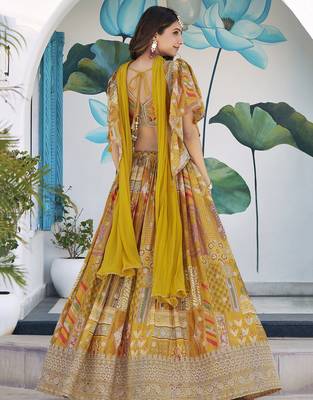 Yellow Digital Printed with Dori and Zari embroidered Chinnon Silk haldi lehenga 4