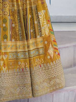 Yellow Digital Printed with Dori and Zari embroidered Chinnon Silk haldi lehenga 5