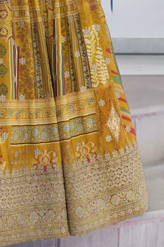Yellow Digital Printed with Dori and Zari embroidered Chinnon Silk haldi lehenga