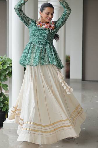 GREEN PRINT GAMTHI PATCH WORK COTTON NAVRATRI  STITCHED LEHENGA CHOLI