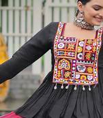 BLACK MULTICOLOR KUTCHI GAMTHI WORK RAYON NAVRATRI STITCHED LEHENGA CHOLI
