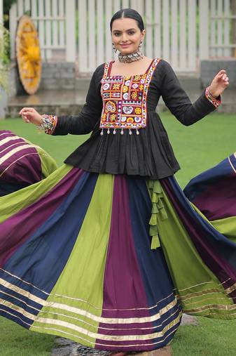 BLACK MULTICOLOR KUTCHI GAMTHI WORK RAYON NAVRATRI STITCHED LEHENGA CHOLI