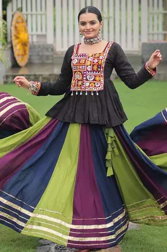 BLACK MULTICOLOR KUTCHI GAMTHI WORK RAYON NAVRATRI STITCHED LEHENGA CHOLI