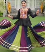BLACK MULTICOLOR KUTCHI GAMTHI WORK RAYON NAVRATRI STITCHED LEHENGA CHOLI