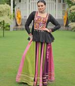 BLACK MULTICOLOR KUTCHI GAMTHI WORK RAYON NAVRATRI STITCHED LEHENGA CHOLI