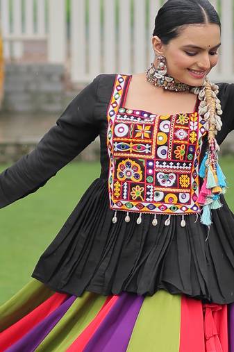 BLACK MULTICOLOR KUTCHI GAMTHI WORK RAYON NAVRATRI STITCHED LEHENGA CHOLI