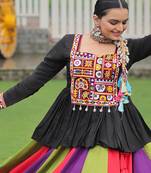 BLACK MULTICOLOR KUTCHI GAMTHI WORK RAYON NAVRATRI STITCHED LEHENGA CHOLI