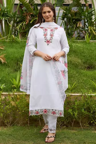 Thread work on Viscose Fabric Straight Kurta, Pant and Dupatta Set