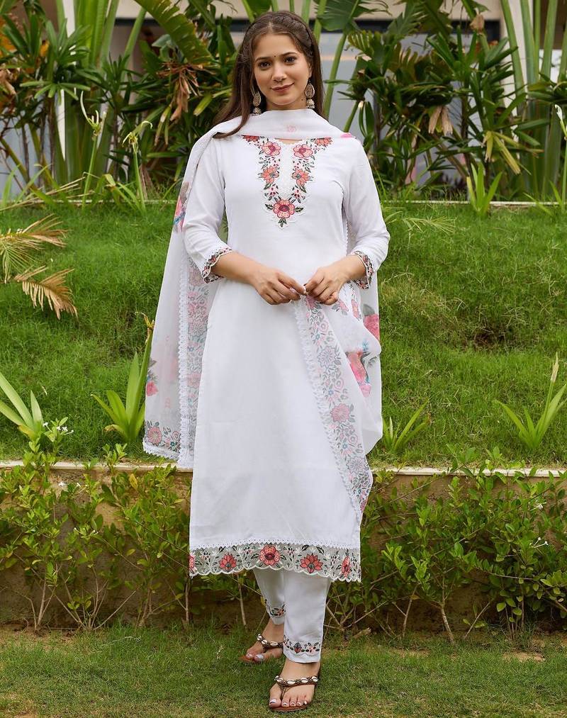 Thread work on Viscose Fabric Straight Kurta, Pant and Dupatta Set