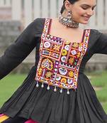 BLACK MULTICOLOR KUTCHI GAMTHI WORK RAYON NAVRATRI STITCHED LEHENGA CHOLI