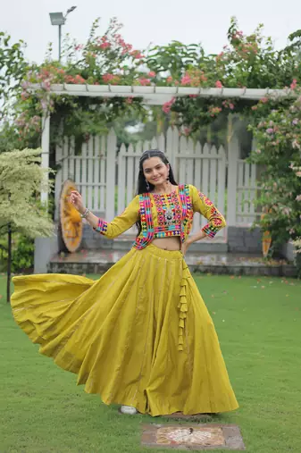PARROT KUTCHI GAMTHI THREAD EMBROIDERED RAYON NAVRATRI  STITCHED LEHENGA CHOLI KOTI