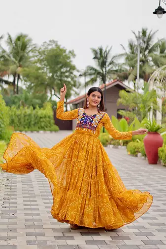 Mustard bandhani print anarkali gown with kutchi mirror work yoke in georgette – full stitch