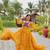 Mustard bandhani print anarkali gown with kutchi mirror work yoke in georgette – full stitch