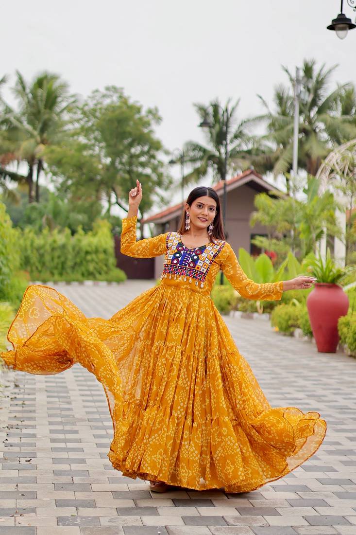 Mustard bandhani print anarkali gown with kutchi mirror work yoke in georgette – full stitch