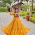 Mustard bandhani print anarkali gown with kutchi mirror work yoke in georgette – full stitch