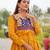 Mustard bandhani print anarkali gown with kutchi mirror work yoke in georgette – full stitch