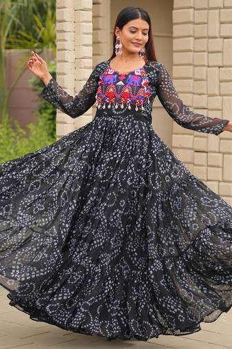 Black bandhani print anarkali gown with kutchi mirror work yoke in georgette     full stitch