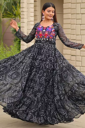 Black bandhani print anarkali gown with kutchi mirror work yoke in georgette     full stitch