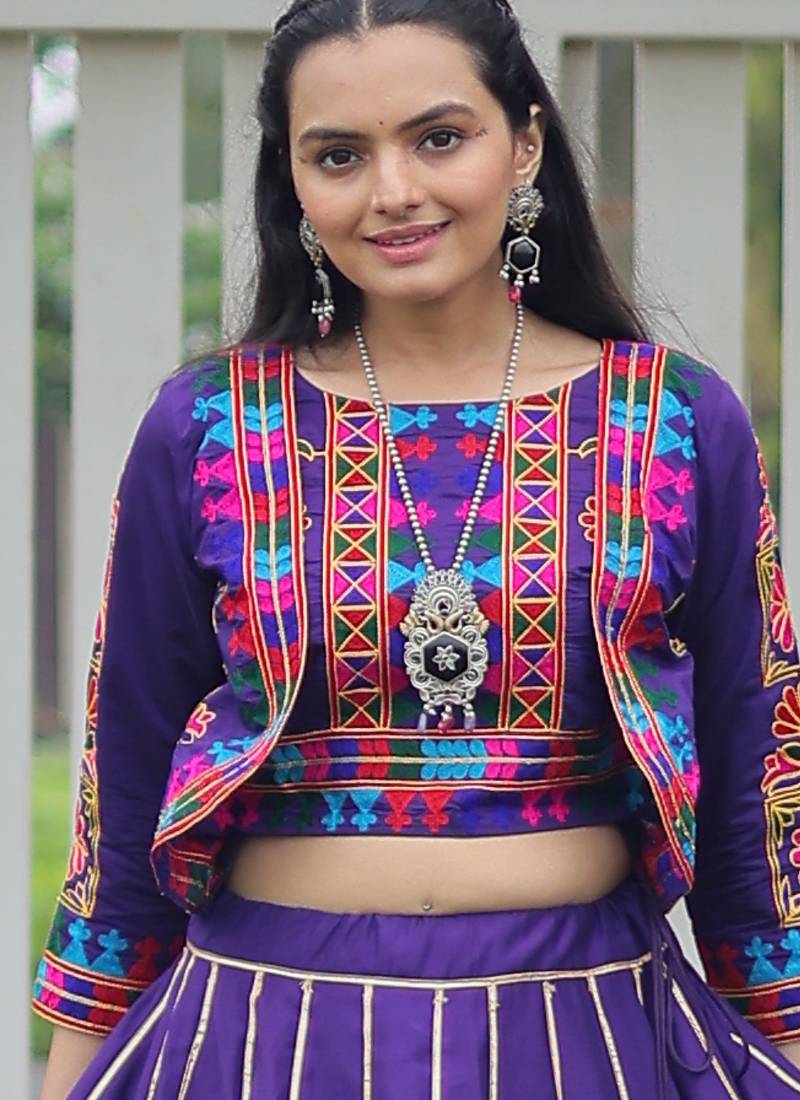 PURPLE KUTCHI GAMTHI THREAD EMBROIDERED RAYON NAVRATRI  STITCHED LEHENGA CHOLI KOTI