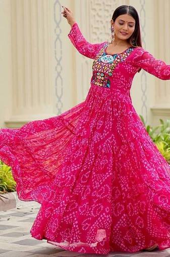 Rani pink georgette anarkali gown with real mirror & thread embroidery work     fully stitched