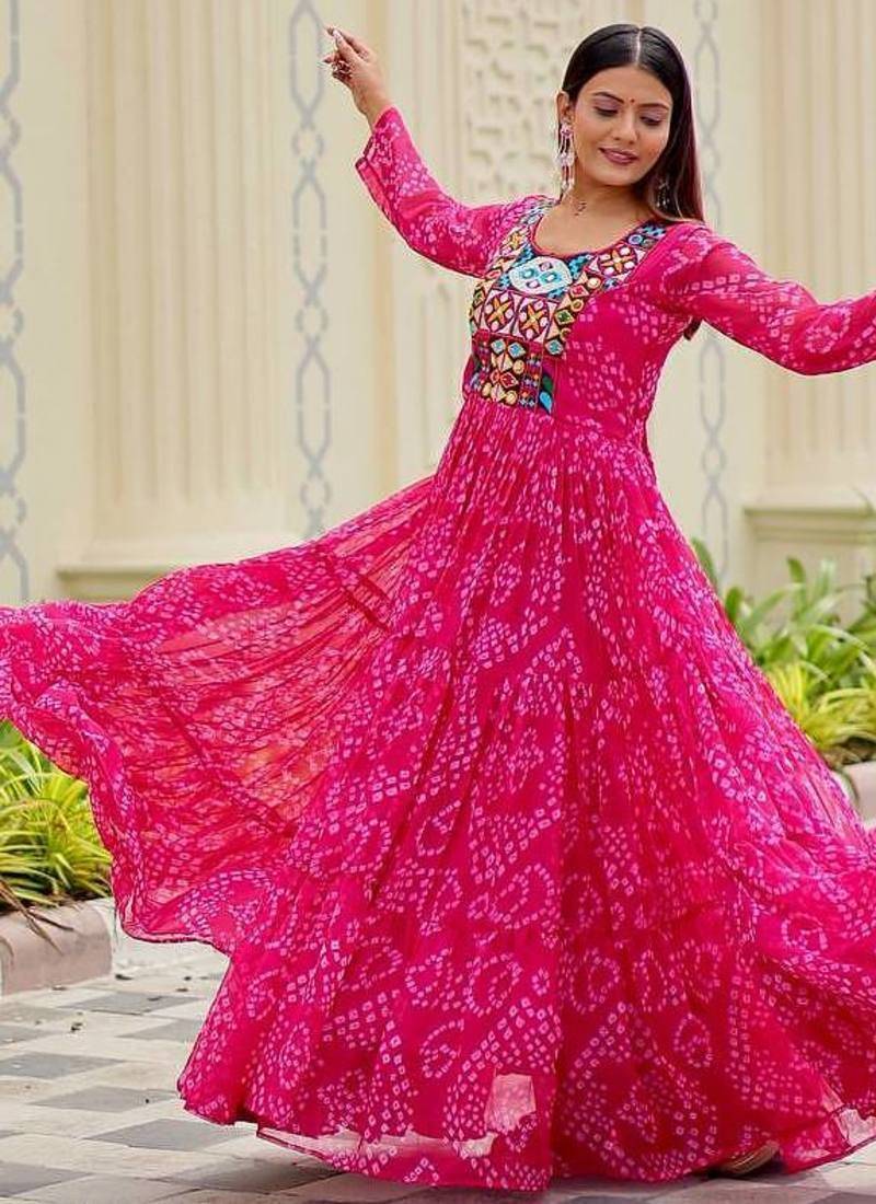 Rani pink georgette anarkali gown with real mirror & thread embroidery work – fully stitched