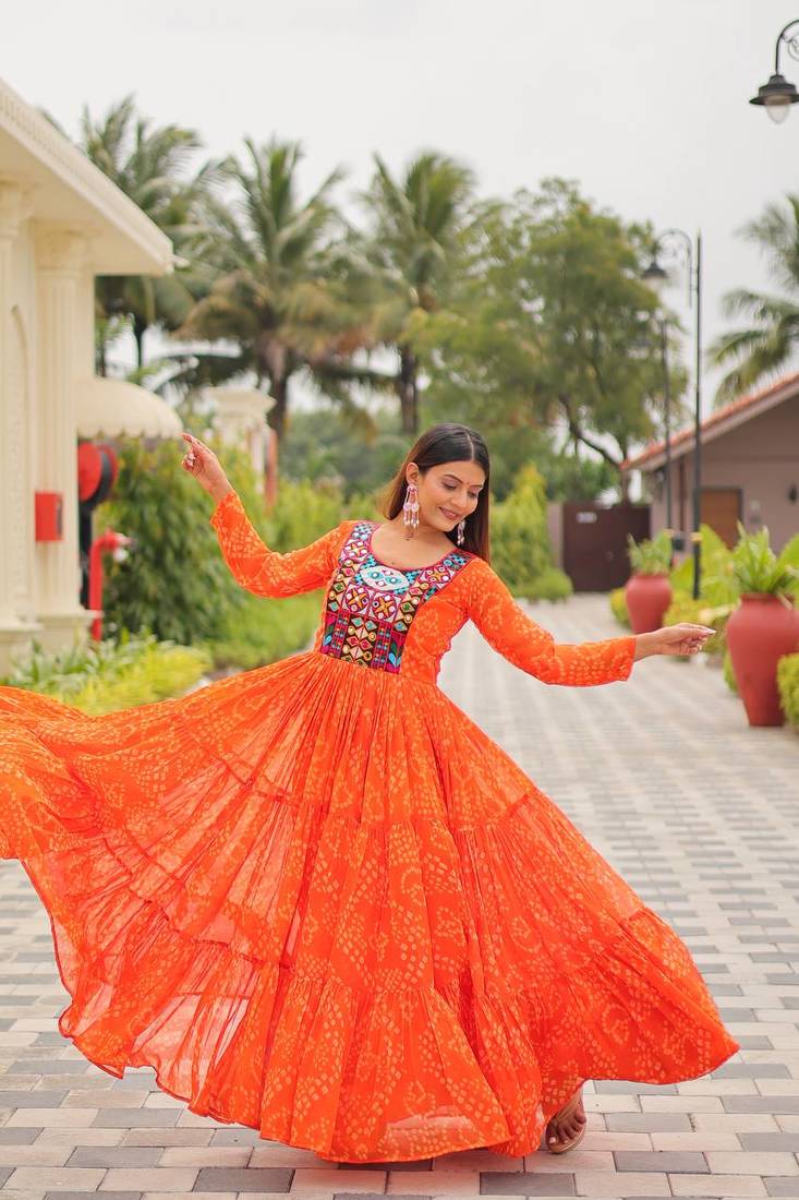 Orange georgette anarkali gown with real mirror & thread embroidery work – fully stitched