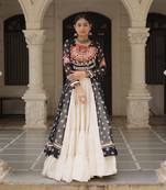 BLACK WHITE PRINT KUTCHI GAMTHI COTTON NAVRATRI STITCHED LEHENGA CHOLI