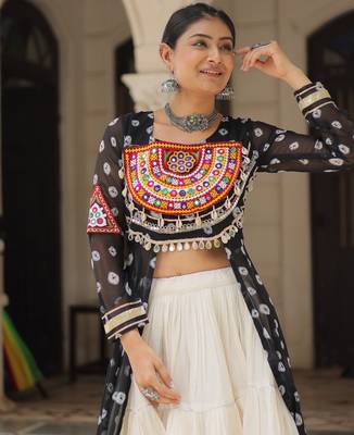 BLACK WHITE PRINT KUTCHI GAMTHI COTTON NAVRATRI STITCHED LEHENGA CHOLI 2