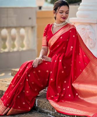 Red Soft Silk Blend Saree With Zari Weaving Meenakari Design 1