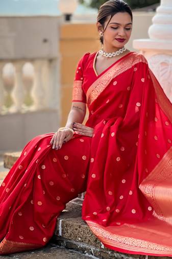 Red Soft Silk Blend Saree With Zari Weaving Meenakari Design