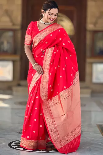 Red Soft Silk Blend Saree With Zari Weaving Meenakari Design