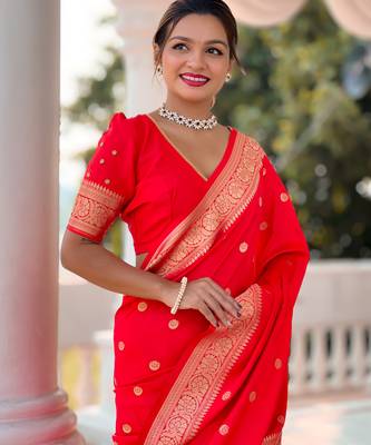 Red Soft Silk Blend Saree With Zari Weaving Meenakari Design 3