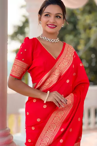 Red Soft Silk Blend Saree With Zari Weaving Meenakari Design