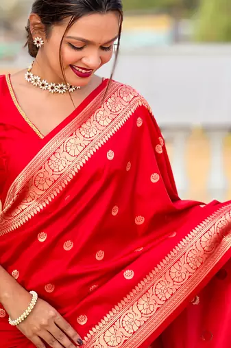 Red Soft Silk Blend Saree With Zari Weaving Meenakari Design
