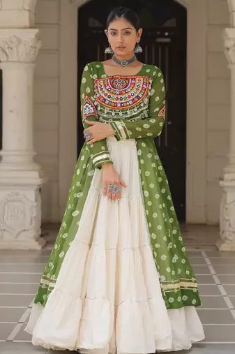 GREEN WHITE PRINT KUTCHI GAMTHI COTTON NAVRATRI STITCHED LEHENGA CHOLI