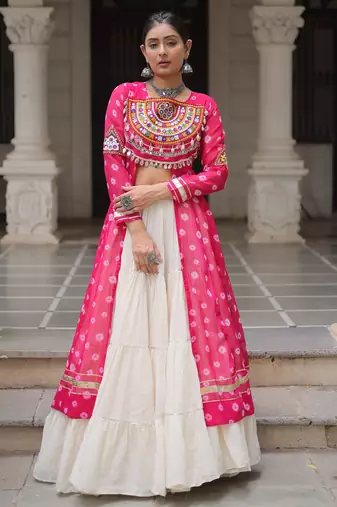 PINK WHITE PRINT KUTCHI GAMTHI COTTON NAVRATRI STITCHED LEHENGA CHOLI