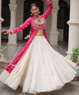 PINK WHITE PRINT KUTCHI GAMTHI COTTON NAVRATRI STITCHED LEHENGA CHOLI 4