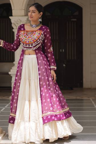 PURPLE WHITE PRINT KUTCHI GAMTHI COTTON NAVRATRI STITCHED LEHENGA CHOLI