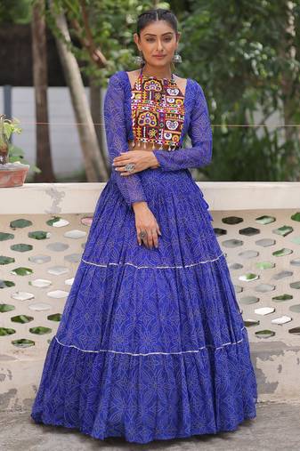 BLUE BANDHANI PRINT GAMTHI EMBROIDERED GEORGETTE NAVRATRI  STITCHED LEHENGA CHOLI