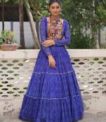 BLUE BANDHANI PRINT GAMTHI EMBROIDERED GEORGETTE NAVRATRI  STITCHED LEHENGA CHOLI