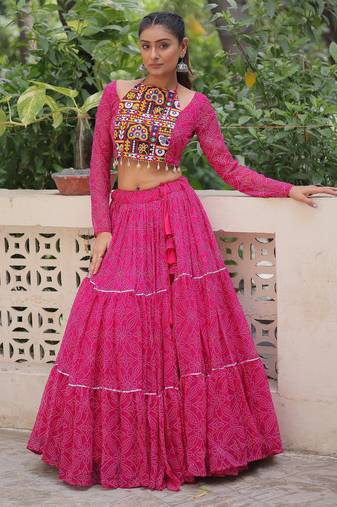PINK BANDHANI PRINT GAMTHI EMBROIDERED GEORGETTE NAVRATRI  STITCHED LEHENGA CHOLI