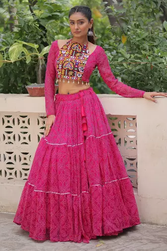 PINK BANDHANI PRINT GAMTHI EMBROIDERED GEORGETTE NAVRATRI  STITCHED LEHENGA CHOLI